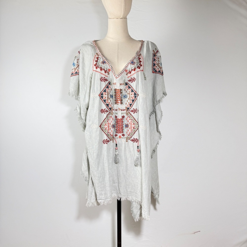 Zara Woman Embroidered Linen Kaftan Top Sage Green Boho Tassel V-Neck OS